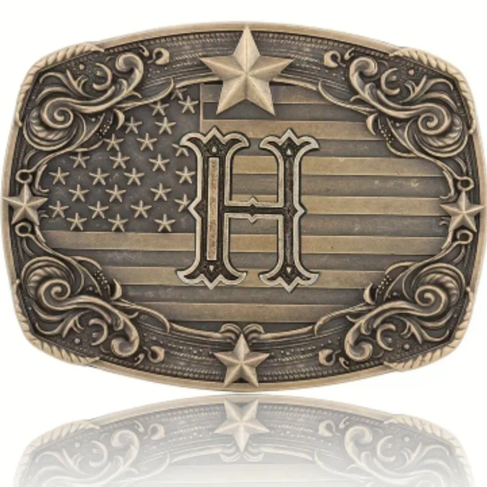 New Western Cowboy Mens Monogram Letter H American Flag Belt Buckle